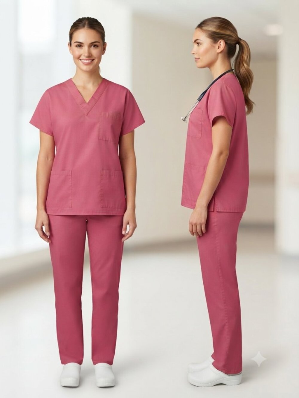 Vintage Y2K Rose Pink V-Neck Scrub Top Medical Uniform Women’s Size Medium